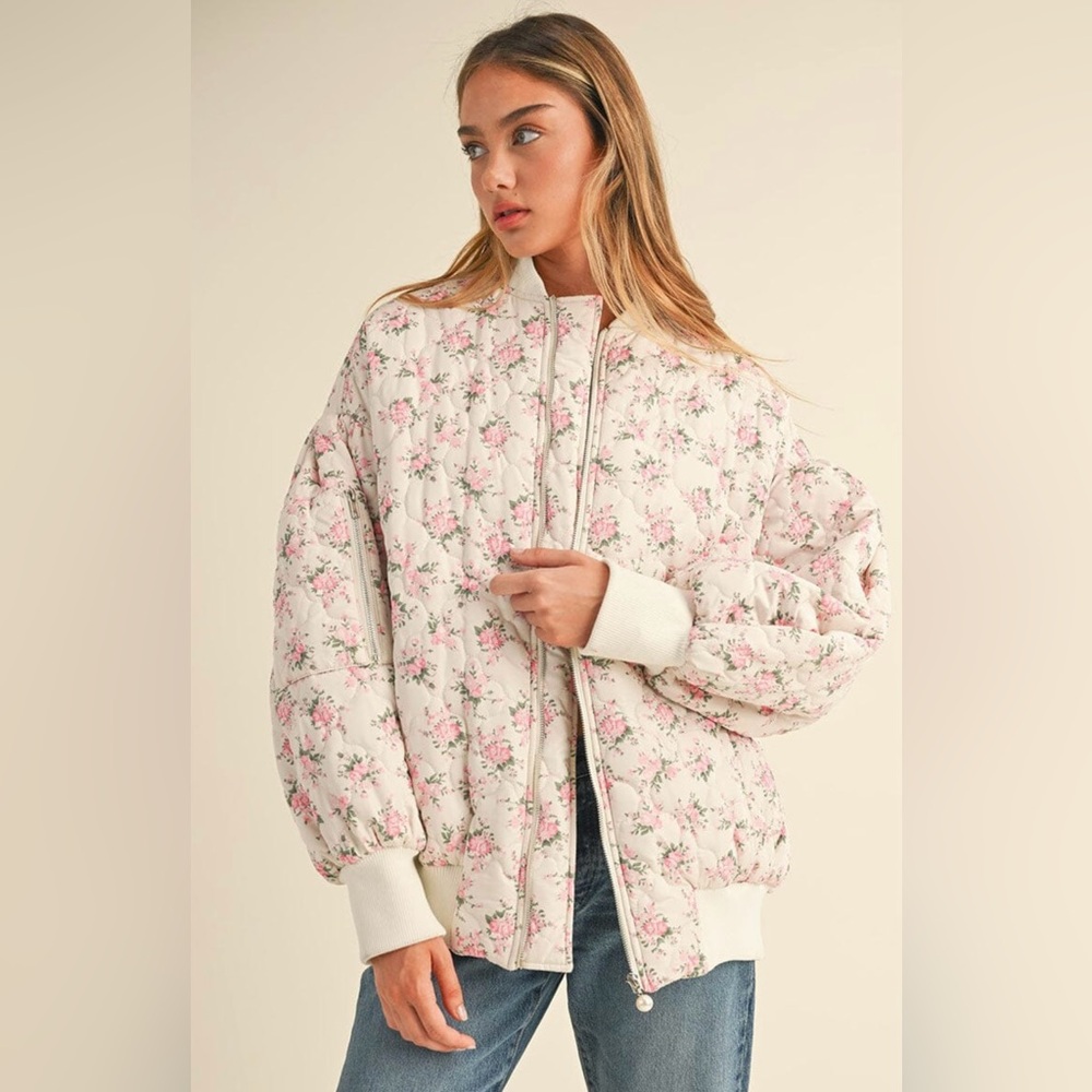 Floral Quilted Women's Bomber Jacket - Pink and White